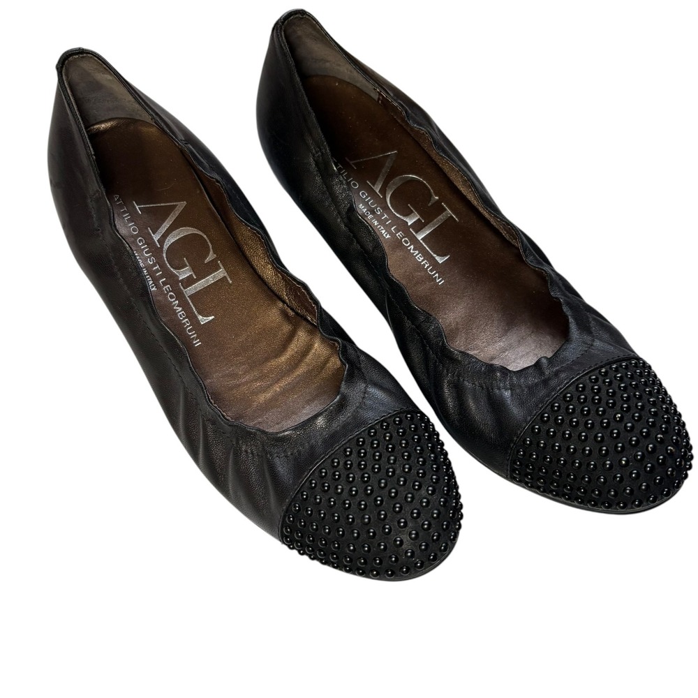AGL Women's Leather Ballet Flats‎ Studded Cap Toe Comfortable Shoes Size 37.5